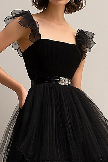 A Line Tulle Tea-Length Black Prom Dress
